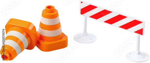 Close-up photo of yellow and red road signs isolated on white background