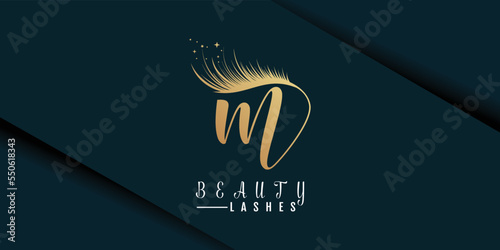 Beauty lashes logo with letter m gold gradient premium vector