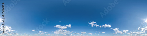 blue sky with beautiful clouds as seamless hdri 360 panorama view with zenith in spherical equirectangular format for use in 3d graphics or game development as sky dome or edit drone shot