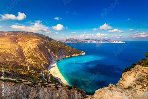 Famous Myrtos beach from overlook, Kefalonia (Cephalonia), Greece. Myrtos beach, Kefalonia island, Greece. Beautiful view of Myrtos beach, Ionian Island, Kefalonia (Cephalonia), Greece.