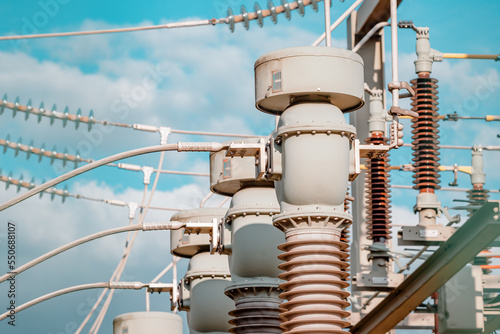 Current and voltage converter for an electrical substation. Dielectric insulator close-up. Transformation and transmission of electricity from generator to consumers