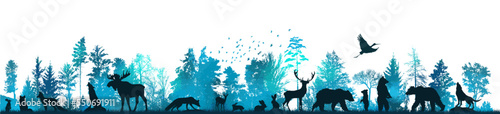 Forest landscape with silhouettes of animals. Vector illustration