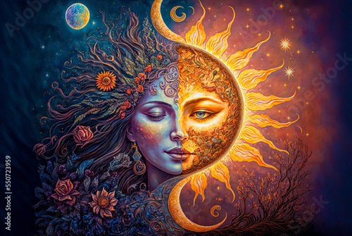 Fantastic magical fairy tale landscape with moon and sun. spring equinox, day and night are inseparable. duality concept. magic background. vintage style illustration 