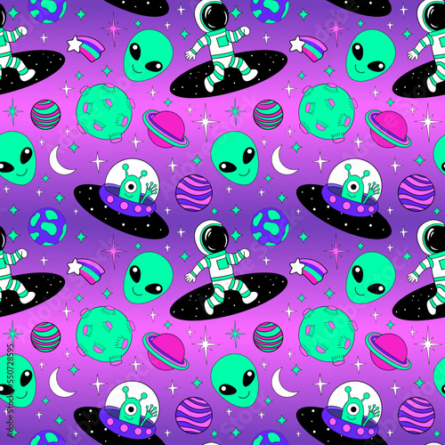 Astronauts and Alien in space cartoon vector illustration. Space travel and exploration seamless pattern