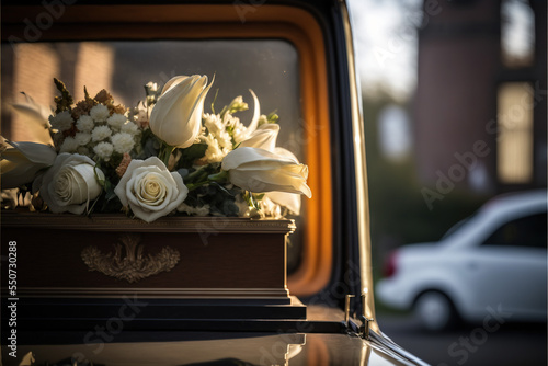 Funeral flowers white roses and lilies inside a hearse at a funeral on a beautiful yet sad day