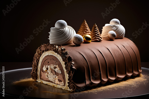 traditional french buche de noel christmas cake in a french patisserie