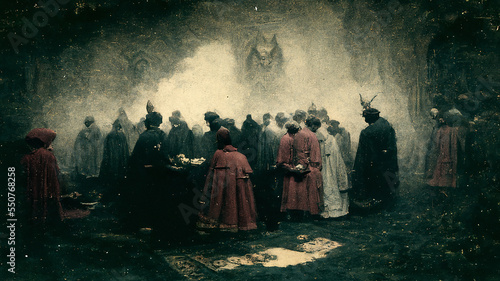 Creepy figures commit a cult of evil. Vintage style. Digitally generated AI image.