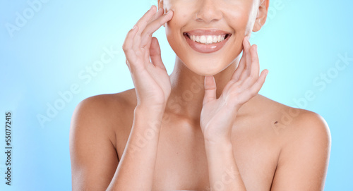 Skincare, teeth health and woman beauty with facial glow, skin shine and hands. Luxury wellness, cosmetic and happiness of a model after spa dermatology, cosmetics and natural dental care smile