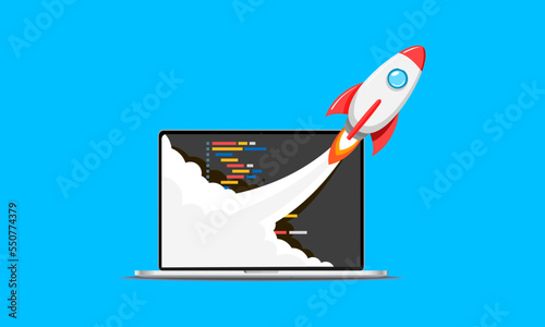 Development application of startup. The rocket takes off from the laptop.