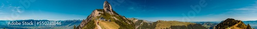 High resolution stitched 360 degree panorama at the famous Staubern mountains, Fruemsen, Sennwald, Saint Gallen, Appenzell, Switzerland