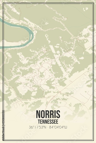 Retro US city map of Norris, Tennessee. Vintage street map.