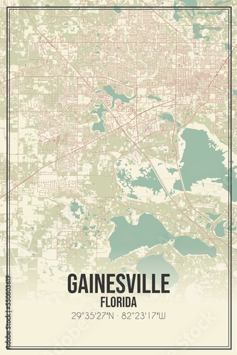 Retro US city map of Gainesville, Florida. Vintage street map.