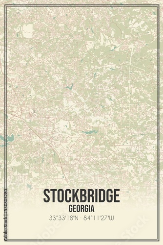 Retro US city map of Stockbridge, Georgia. Vintage street map.