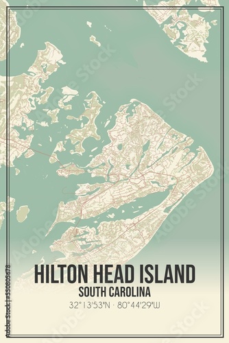 Retro US city map of Hilton Head Island, South Carolina. Vintage street map.