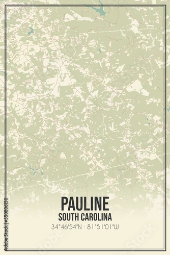 Retro US city map of Pauline, South Carolina. Vintage street map.