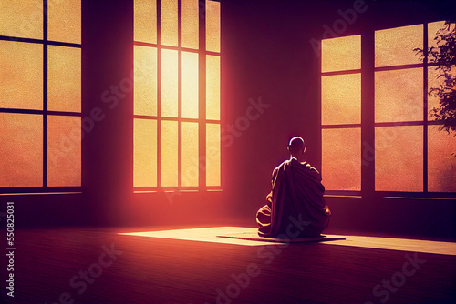 silhouette of a monk in a temple generative ai illustration