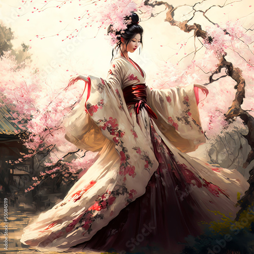 Asian girl in traditional kimono in a blooming Sakura garden. Young pretty geisha in colorful kimono, Generative AI illustration.