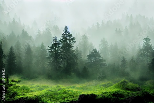 green summer woods, misty forest landscape