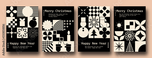 Geometric minimalist Christmas posters. Modern bauhaus brutalist bold shapes, primitive blocks swiss style. Trendy Winter Holidays art templates. 