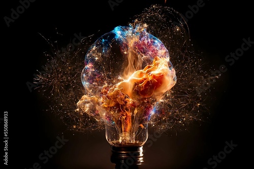 Lightbulb eureka moment with Impactful and inspiring artistic colourful explosion of paint energy