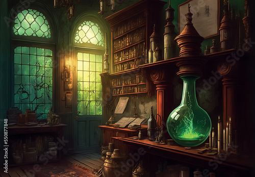Alchemist office, fantasy illustration of laboratory, wizard's office