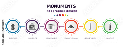 monuments infographic element with filled icons and 6 step or option. monuments icons such as belem tower, monument site, segovia aqueduct, pyramid of the magician, obelisk of bue aires, clock tower