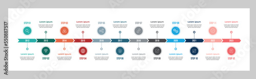 Timeline business rounded infographic template with 12 options. Colorful diagram, vector abstract element timeline infographics.