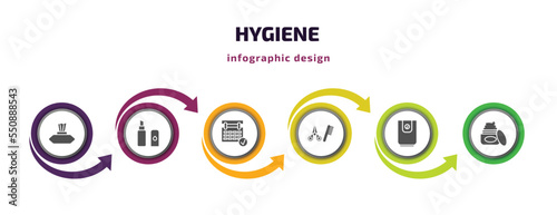 hygiene infographic element with filled icons and 6 step or option. hygiene icons such as baby wipe, lip balm, appointment book, grooming, water heater, body cream vector. can be used for banner,