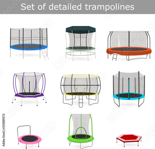 Set of different detailed trampolines for children's and adults. Collection of trampolines with safety net for jumping isolated on white
