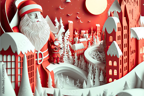 santa clause in christmas city, christmas decoration, papercut illustration