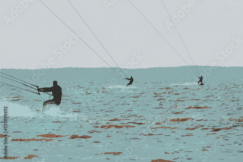 Ilustracja sylwetki 3 surferów na wodzie w jasnych niebieskich kolorach.