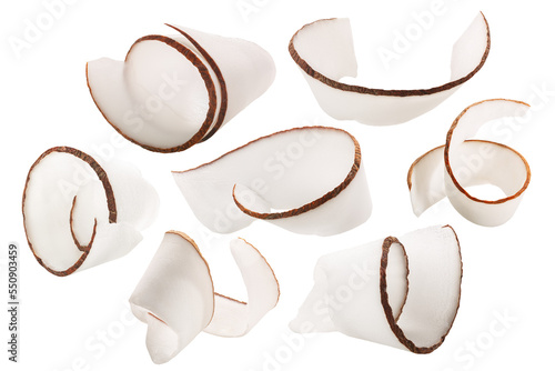 Coconut shavings, curls or rolled up slices of kernel meat, isolated png