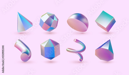 3d render gradient shape objects. Abstract sphere, circle ball, futuristic geometry neon metal. Holographic minimalist objects. Cube spiral and cone. Vector design exact elements