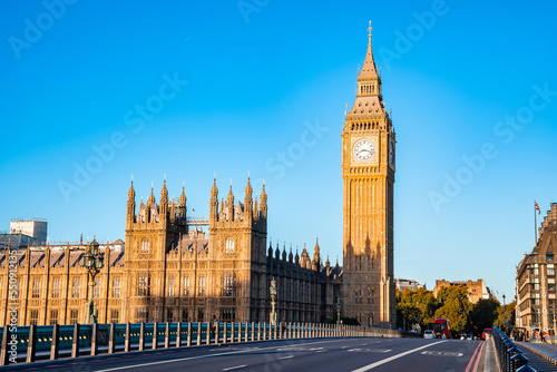 Early empty sunday morning by the Big Ben clock tower and Westminster in London. Amazing details after renovation of the Big Ben.