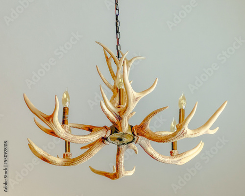Typical chandelier found in hunting areas with wild life. This light fixture is faux antler or deer horn. It is hanging by a chain with ceiling above.