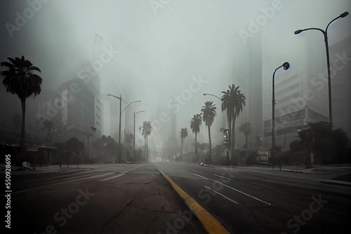 Deserted street in LA in the mist