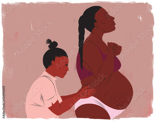 Doula kneeling behind mother to apply counter pressure during childbirth labor