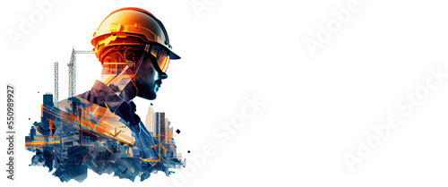 illustration digital building construction engineering with double exposure graphic design. Building engineers, architect people or construction workers working with modern civil equipment technology