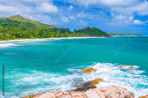 View on the Grand Anse beach from Pointe Ste Marie on the Praslin island in Seychelles