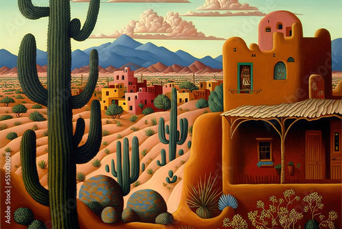 southwest adobe neighborhood, with cactus landscape, AI assisted finalized in Photoshop by me 
