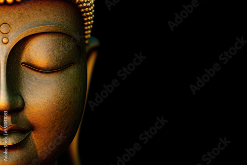 Rock buddha statue on black background, carved buddha portrait