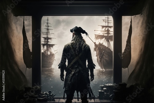 A pirate standing on a ship facing the sea and two pirate ships, backview