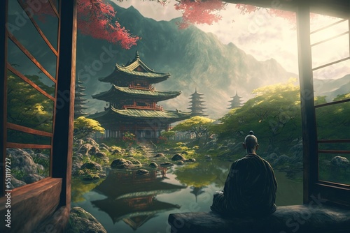 A monk meditating in front of a chinese temple, foggy mountains in the background