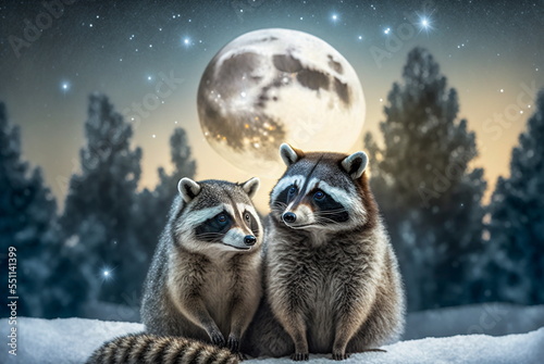 two beautiful racoons playing int he snow, in winter forest, with snow, big moon in the sky background