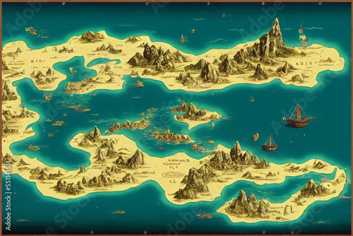 Fantasy vintage map: island with large bay, mountains and dangerous shoal made with generative AI