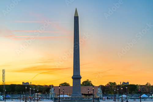 The Luxor Egyptian Obelisk on Place de la Concorde at sunrise in Paris, France