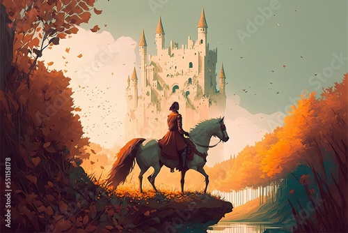 illustration numérique d'un cavalier devant un château fantastique, paysage d'automne