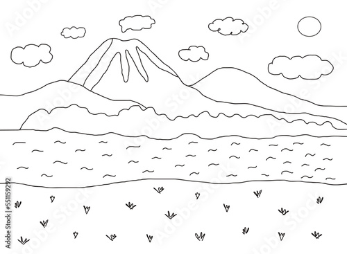 Volcano colouring page. Landscape with mountains, a volcano with some lava, bushes, river and land with grass. Hand drawn vector illustration.