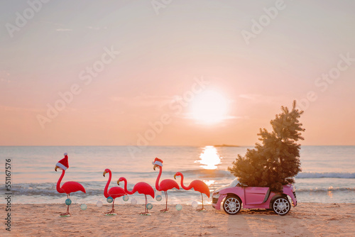 Winter flamingos are harnessed by a garland to a pink children's car with a Christmas tree in Santa hat on sea beach at sunset. Christmas design for cards, backgrounds 