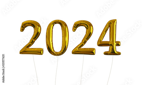 2024 Gold Foil Balloons float in front of transparent background with no shadows